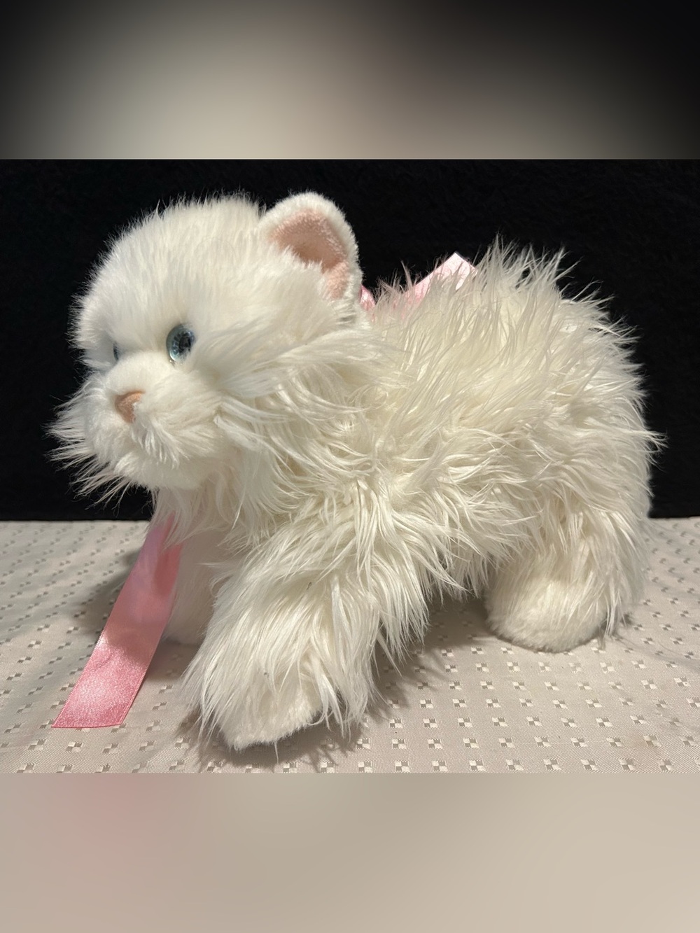 Vintage Aurora White Persian Cat Kitten Blue Eyes Pink Bow Stuffed Animal Plush
